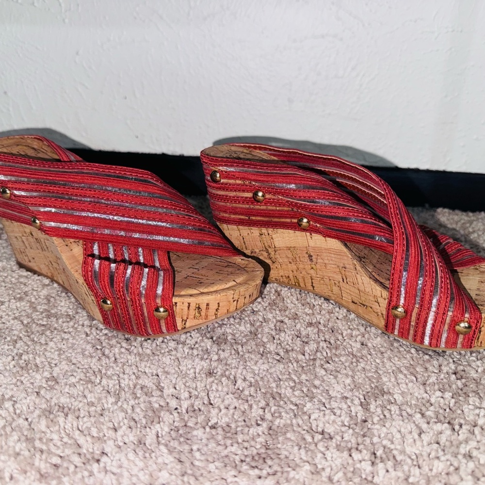 Stylish Red Striped Wedge Sandals